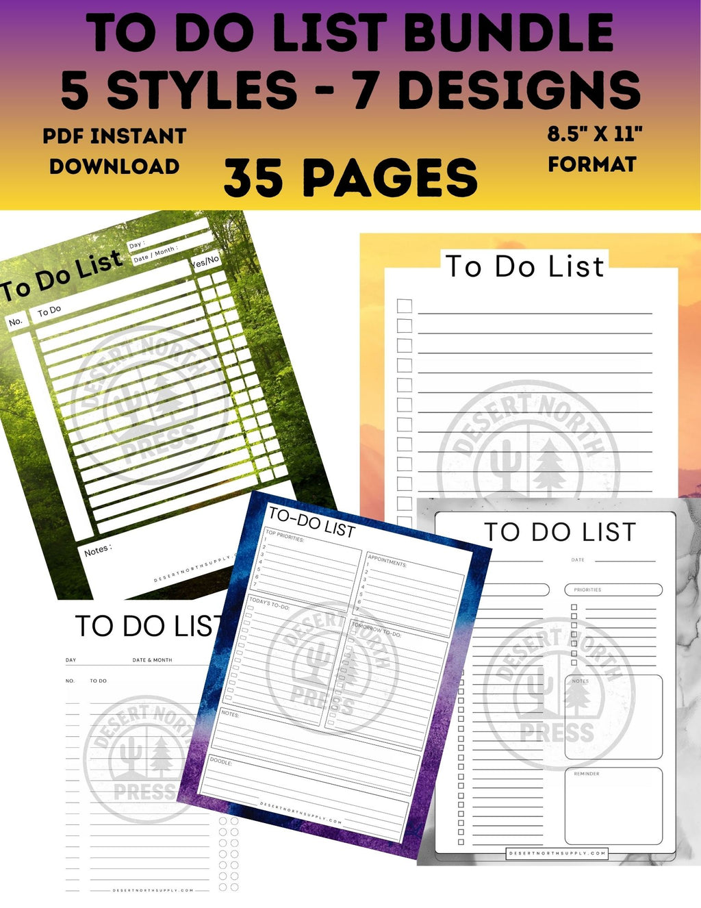 Printable To‑Do List Bundle (40 Pages) • 5 Aesthetic Styles • Goodnotes‑Ready Templates • Storms of Torment, Desert Sunset, Forest, Marble & Minimalist • Digital Download