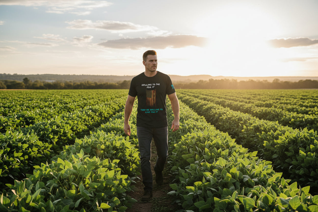 Black t-shirt with American flag graphic and text on a white background